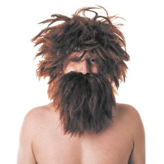 Pruik Holbewoner + baard bruin