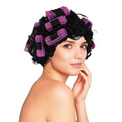 Pruik met zwarte krullen en roze krulspelden